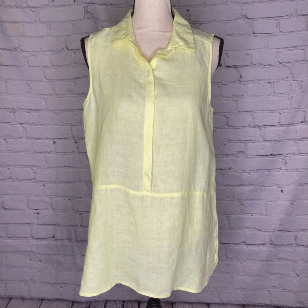 Tahari Yellow Sleeveless 1/2 Button Down Linen Tunic Top Medium NWT